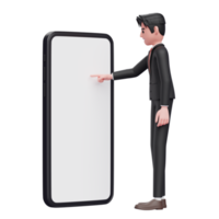Geschäftsmann im schwarzen formellen Anzug, der den Telefonbildschirm mit dem Zeigefinger berührt, 3D-Darstellung des Geschäftsmannes, der das Telefon benutzt png