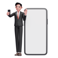 businessman in black formal suit standing while making video call and waving hand on big phone background, 3d illustration of businessman using phone png