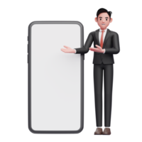 empresário de terno formal preto apresentando grande celular com tela branca, ilustração 3d do empresário usando o telefone