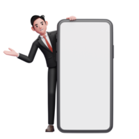 homme d'affaires en costume formel noir émerge de derrière un grand téléphone avec les mains ouvertes, illustration 3d d'un homme d'affaires utilisant un téléphone png