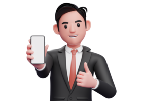 gros plan d'un homme d'affaires en costume formel noir lève le pouce et montre l'écran du téléphone à la caméra, illustration 3d d'un homme d'affaires utilisant un téléphone png