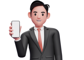 primer plano de un hombre de negocios con traje formal negro que sostiene el teléfono mientras inclina el cuerpo, ilustración 3d de un hombre de negocios que usa el teléfono png