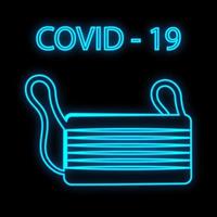 Bright glowing blue medical scientific digital neon sign for hospital laboratory pharmacy beautiful with covid 19 coronavirus pandemic respirator mask on black background. Vector illustration