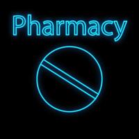 Bright luminous blue medical digital neon sign for a pharmacy or hospital store beautiful shiny with pills and capsules and the inscription pharmacy on a black background. Vector illustration