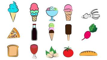 A set of eight icons of items of delicious food and snacks for a cafe bar restaurant on a white background ice cream, syrup, soda vector