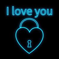 Bright luminous blue festive digital neon sign for a store or card beautiful shiny with love hearts in the form of a door lock and the inscription I love you on a black background. Vector illustration