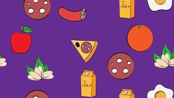 Endless purple seamless pattern from a set of icons of delicious food and snacks items for a restaurant bar cafe apple, orange, pizza, sausage, pistachio, egg, juice. The background vector