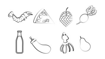 Black and white set of eight icons of delicious food and snacks items for a restaurant bar cafe on a white background shrimp, pizza, grapes, radish, soda, squid, pear vector