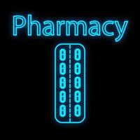 Bright luminous blue medical digital neon sign for a pharmacy or hospital store beautiful shiny with pills and capsules and the inscription pharmacy on a black background. Vector illustration