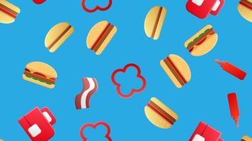 Endless blue seamless pattern of a set of icons of delicious food and snacks items for a cafe bar restaurant tea, burger, ketchup, bacon, jalapeno peppers. The background vector