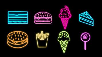 Neon bright glowing multicolored set of eight icons of delicious food and snack items for restaurant bar cafe sandwich, ice cream, burger, cake, fries, candy vector