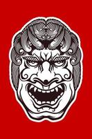 Hand drawn white japanese traditional mask isolated on red background. vector