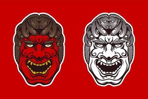 Hand drawn red white japanese traditional mask on red background. vector