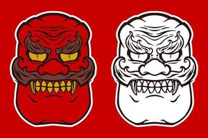 Hand drawn red white japanese traditional mask on red background. vector