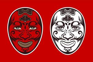 máscara tradicional japonesa blanca roja dibujada a mano sobre fondo rojo. vector
