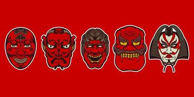 Hand drawn five reds japanese traditional mask on red background. vector