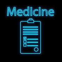Bright luminous blue medical digital neon sign for a pharmacy or hospital store beautiful shiny with medical history documents and the inscription medicine on a black background. Vector illustration