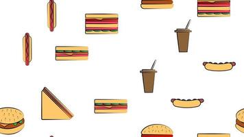Endless white seamless pattern from a set of icons of delicious food and snacks items for a restaurant bar cafe burger, sandwich, hot dog, coffee. The background vector