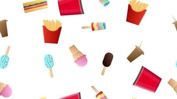 Endless white seamless pattern of delicious food and snack items icons set for restaurant bar cafe fries, sandwich, ice cream, coffee, popcorn. The background vector