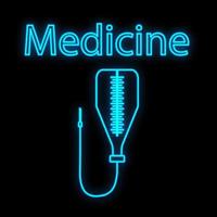 Bright luminous blue medical digital neon sign for a pharmacy or hospital store beautiful shiny with a dropper and the inscription medicine on a black background. Vector illustration