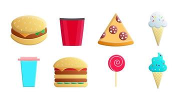 conjunto de ocho íconos de artículos de deliciosa comida y bocadillos para un café bar restaurante en una hamburguesa de fondo blanco, palomitas de maíz, pizza, helado, café, dulces