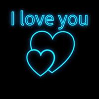 Bright luminous blue festive digital neon sign for a store or card beautiful shiny with love hearts and the inscription I love you on a black background. Vector illustration