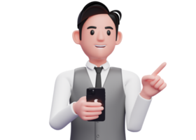 close up of businessman in gray office vest pointing to the side choosing gesture and holding a phone, 3d illustration of businessman using phone png