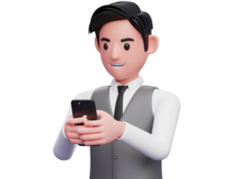close-up do empresário ocupado no colete de escritório cinza digitando mensagem com telefone celular, ilustração 3d do empresário usando telefone