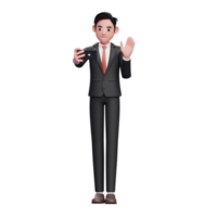 un homme d'affaires en costume formel noir passe des appels vidéo et agite la main, illustration 3d d'un homme d'affaires utilisant un téléphone png