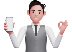 close up of businessman in gray office vest giving ok finger and holding a mobile phone, 3d illustration of businessman using phone png