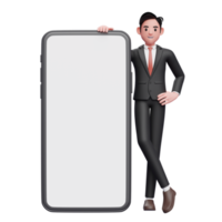 businessman in black formal suit standing next to big phone with white screen with legs crossed and hands on waist, 3d illustration of businessman using phone png