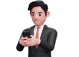 stänga upp av affärsman i svart formell kostym skriver meddelande med cell telefon, 3d illustration av affärsman använder sig av telefon png
