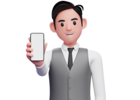 close up of businessman in gray office vest showing phone screen to the camera, 3d illustration of businessman using phone png