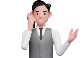 close up of businessman in gray office vest talking on phone while opening hands with gesture demonstrating, 3d illustration of businessman using phone png