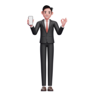 Geschäftsmann im schwarzen formellen Anzug, der Telefon hält und OK-Finger zeigt, 3D-Darstellung des Geschäftsmannes, der Telefon benutzt png