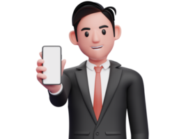 close up of businessman in black formal suit showing phone screen to the camera, 3d illustration of businessman using phone png