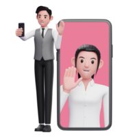 zakenman in grijs kantoor hesje maken video telefoontje met partner, 3d illustratie van zakenman gebruik makend van telefoon png