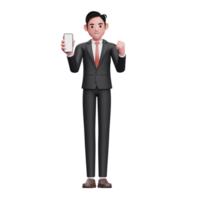 happy businessman in black formal suit doing winning gesture with showing phone screen, 3d illustration of businessman using phone png