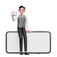 businessman in gray office vest sitting on a big phone while showing the landscape phone screen, 3d illustration of businessman using phone png