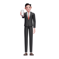 hombre de negocios con traje formal negro que muestra la pantalla del teléfono a la cámara, ilustración 3d del hombre de negocios que usa el teléfono png