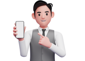 gros plan d'un homme d'affaires en gilet de bureau gris pointant un téléphone portable avec l'index, illustration 3d d'un homme d'affaires utilisant un téléphone png