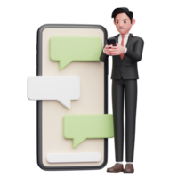 businessman in black formal suit typing on the phone beside a big phone with bubble chat ornament, 3d illustration of businessman using phone png