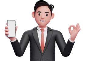 gros plan d'un homme d'affaires en costume formel noir donnant un doigt ok et tenant un téléphone portable, illustration 3d d'un homme d'affaires utilisant un téléphone png