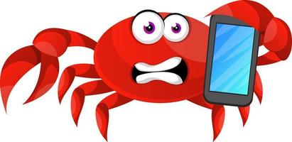 Crab with mobile phone, illustration, vector on white background.