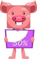 Pig with sale sign, illustration, vector on white background.