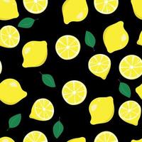 Rodajas de limones de patrones sin fisuras, frutas de estilo plano sobre un fondo negro vector