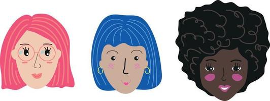 conjunto de rostros humanos, dibujo a mano de una chica con diversidad de cabello coloreado vector