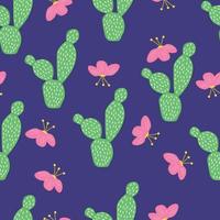 Cacti and flowers seamless vector pattern on a blue background, bright pattern, symmetry and flat style