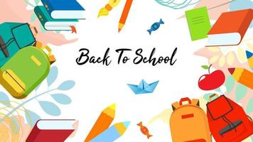 Back to school banner or screen with backpacks, leaves, pencils, books, notebooks, apple, brush. Sale promotional stock for stationery and backpacks for school. Vector illustration of EPS10