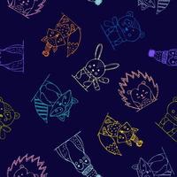 Vector illustration of a seamless pattern with animals in a childish naive style on dark blue. Forest animals pattern for fabric or children's stationery